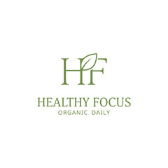 Healthy Focus Organic Daily Logo Design, Minimalist HF Monogram with Leaf Icon, Wellness and Natural Food Emblem.