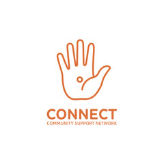 Fototapeta premium Connect Community Support Network Logo Design, Minimalist Line Art Hand Palm with Dot Icon, Social and Outreach Program Emblem.