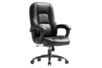 Black leather office chair, high back, armrests, on wheels