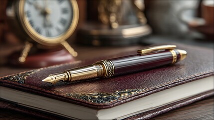 Elegant Fountain Pen on Leather Notebook with Antique Clock Decor