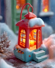 Red Snowy Lantern with Yellow Light on Winter Porch