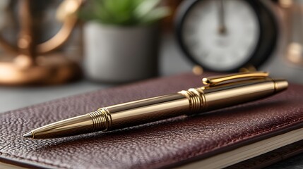 Elegant gold pen resting on a leather notebook with modern decor