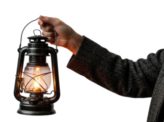 Hand holding an old lantern transparent background cutout png