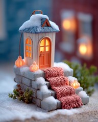Snowy Miniature House with Illuminated Windows and Red Carpet Stairs