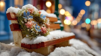 Snowy Bench with Christmas Wreath in City