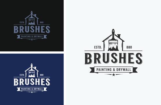 Professional painting and drywall service logo design featuring a house and paintbrush emblem