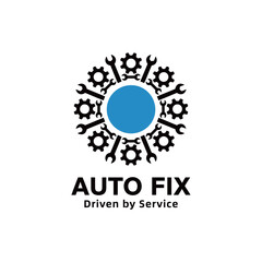 Auto Fix Driven by Service Logo Design, Circular Composition of Black Gears and Wrenches, Automotive Repair and Service Emblem.