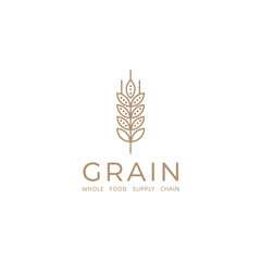 Grain Whole Food Supply Chain Logo Design, Minimalist Line Art Wheat Stalk or Cereal Ear Icon, Natural Agriculture Emblem.