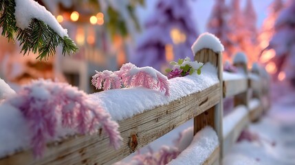 Snowy Wooden Fence with Pink Decorations in Winter Wonderland Scene