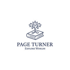 Page Turner Explore Worlds Logo Design, Minimalist Line Art Tree Growing from a Book, Literature and Education Emblem.