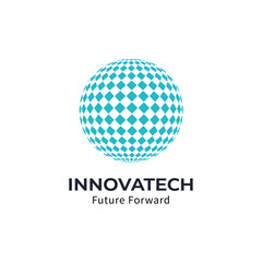 Global Technology Network Logo Featuring a 3D Sphere of Interlocking Blue Diamond-Shaped Digital Pixels