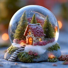 Miniature Snow Globe House with Evergreen Trees and Snow