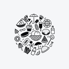 Hand-drawn doodle beach and surf icon vector set with tropical elements like palm trees, waves, surfboards, and sun. Perfect for summer designs