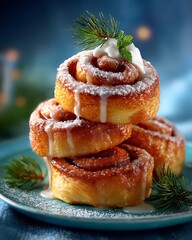Stacked Cinnamon Rolls with Icing and Pine on Plate