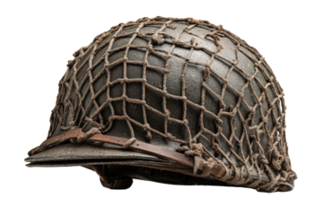Metal helmet w/ netting, chin strap on black background