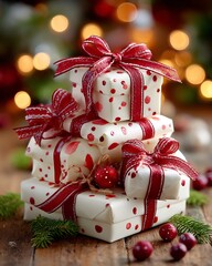 Stacked White Christmas Gifts with Red Polka Dots and Ribbons on Wooden Table