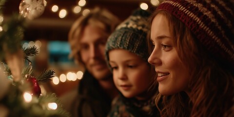 Parents and child joyfully decorate a Christmas tree together, sharing love, laughter, and warmth in a festive holiday atmosphere