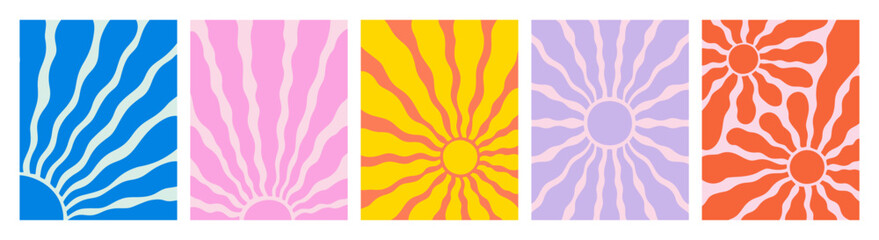 Groovy Sun Poster Bundle with Wavy Abstract Burst. Vector Organic Sunbust Pattern Set. Retro Cute Color Graphic Print. Wavy Shape Poster. Psychedelic sunburst radiates beams across abstract background