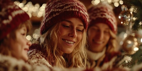 Parents and child joyfully decorate a Christmas tree together, sharing love, laughter, and warmth in a festive holiday atmosphere
