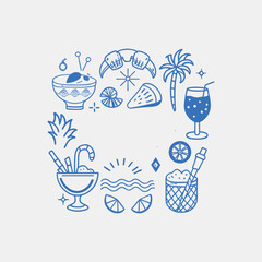 Hand-drawn doodle beach and surf icon vector set with tropical elements like palm trees, waves, surfboards, and sun. Perfect for summer designs