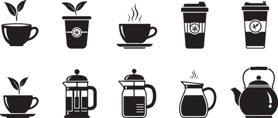 Collection of black silhouette icons for a tea or coffee break, including a mug, teapot, cinnamon, cookie, sugar, and spoon
