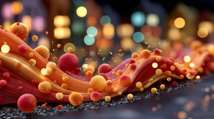 Vibrant Red and Orange Bubbles on Dark Surface with Blurred City Lights