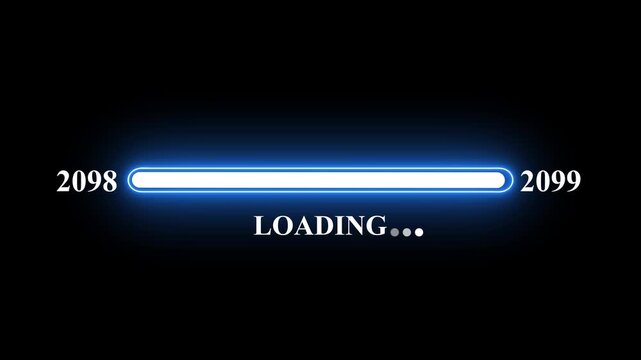 New year 2099 loading bar animation Year changing from 2098 to 2099 . Loading bar from 2098 to 2099 new year transfer animation. Almost reaching New Year on black background.