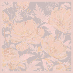 Abstract art line floral artwork design for scarf design in nude elegant color and white art line. 45-inch design.