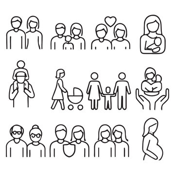Family stroke outline icon set vector