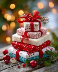 Stacked Christmas Presents with Red Ribbons on Wooden Table