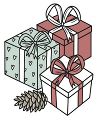 Cute Hand-Drawn Christmas Gift Boxes with Ribbons and Pine Cone Illustration