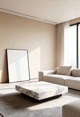 Neutral Modern Living Room with Large Empty Art Frame on Wall