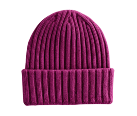 Knitted, ribbed beanie hat in rich magenta hue