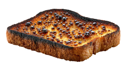 Burnt toast, golden base, blistered, charred surface