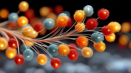 Colorful Glowing Spheres Connected by Fibers on Dark Background with Bokeh