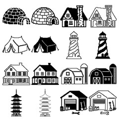 Pixel Art Diverse Building Icons Set. 8-bit Igloo, Lighthouse, Tent, Pagoda, and Barn Vector Collection. Monochrome Silhouette and Outline.

