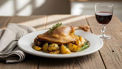 Delicious Duck Confit with Roasted Potatoes and Asparagus.