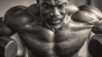 Black middle-aged bodybuilder performing dumbbell chest fly in a modern gym. Slow, powerful, and disciplined strength training. Strong black man, close up view, training with weights. View of chest an