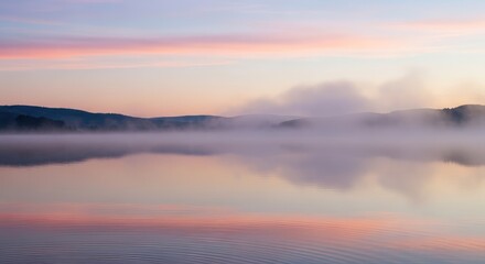 Fototapeta premium Misty lake at dawn with pink sky and reflections of trees in the water