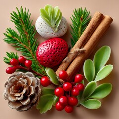 Christmas Decorations with Cinnamon Sticks and Pine Branches on Beige Background