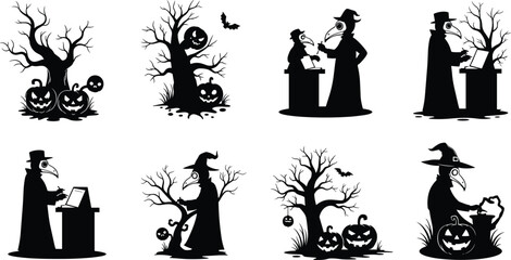 Set of plague doctor silhouettes working with pumpkins and scary bare trees vector illustration