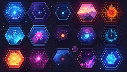 Digital art featuring hexagonal shapes with glowing, futuristic designs in various colors & celestial patterns