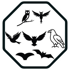 Collection of Avian and Bat Silhouettes in Octagonal Frame