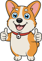 Happy corgi dog cartoon standing upright, giving thumbs up gesture, playful pet mascot illustration, flat vector design