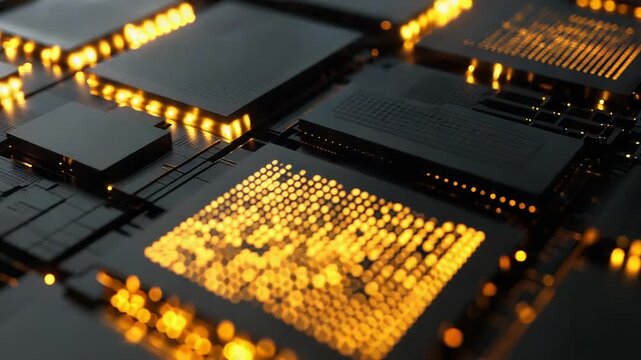 Glowing processor chips distributing data on a circuit board