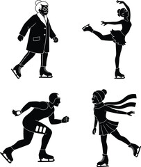 Ice skating silhouettes, figure skaters, speed skating, winter sports, recreational activity, performance, competition, flat vector