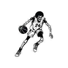 vintage retro illustration of black and white basketball player skeleton playing basketball