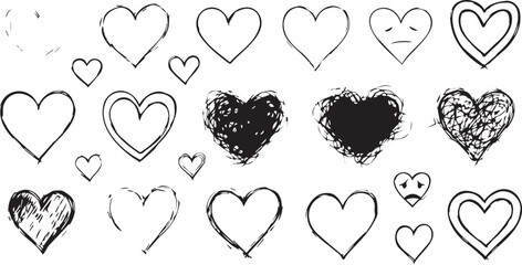 Hand drawn hearts in various styles on white background