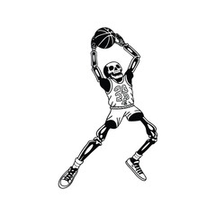 vintage retro illustration of black and white basketball player skeleton playing basketball