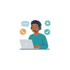 Customer Support Agent Working on Laptop with Headset, Chat and Service Icons Illustration